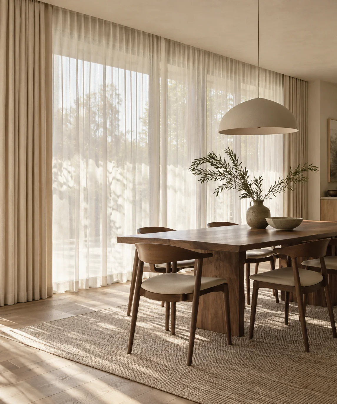 Layered curtains in a light-filled dining room